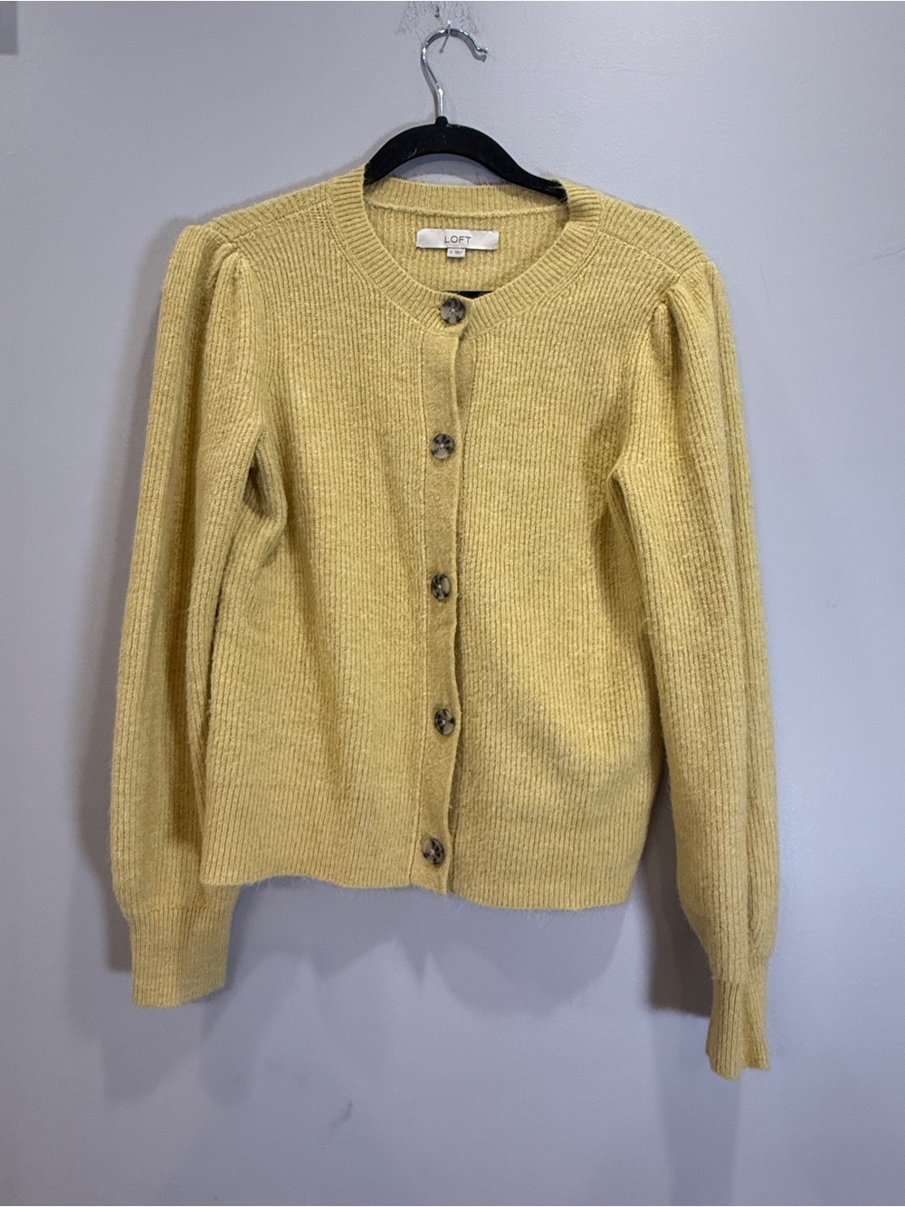 LOFT Soft Yellow Ribbed Button-Up Cardigan with Puff Shoulders
